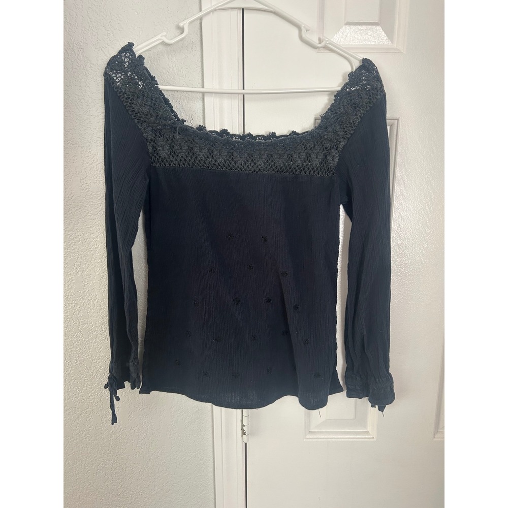 Cute Navy Blue Crochet Lace Neckline Embroidered Cotton Boho Top Y2K Large